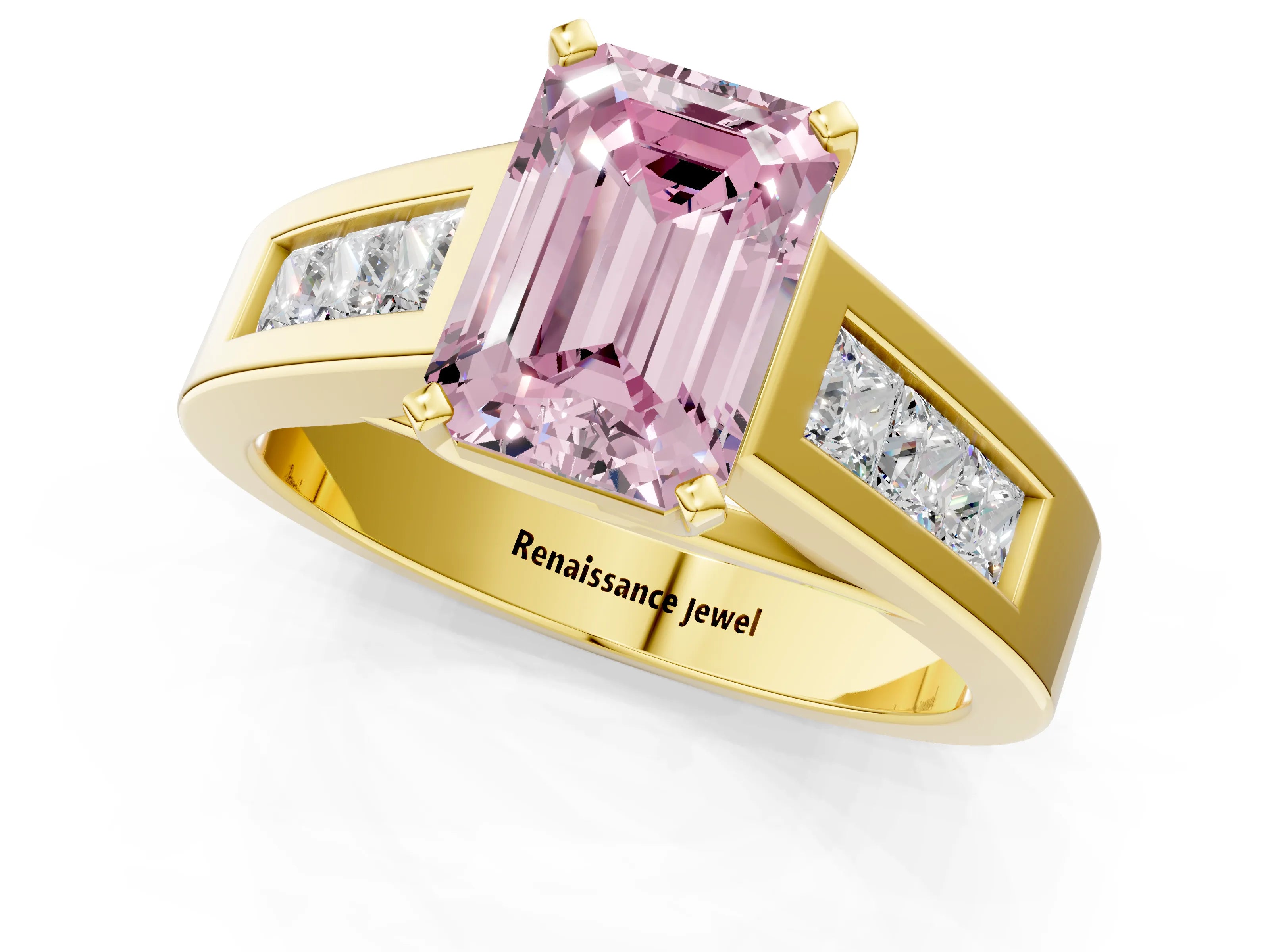 Yellow gold Fancy Pink Emerald Cut Cut Channel Set Solitaire Ring with Four-Prong Setting_1