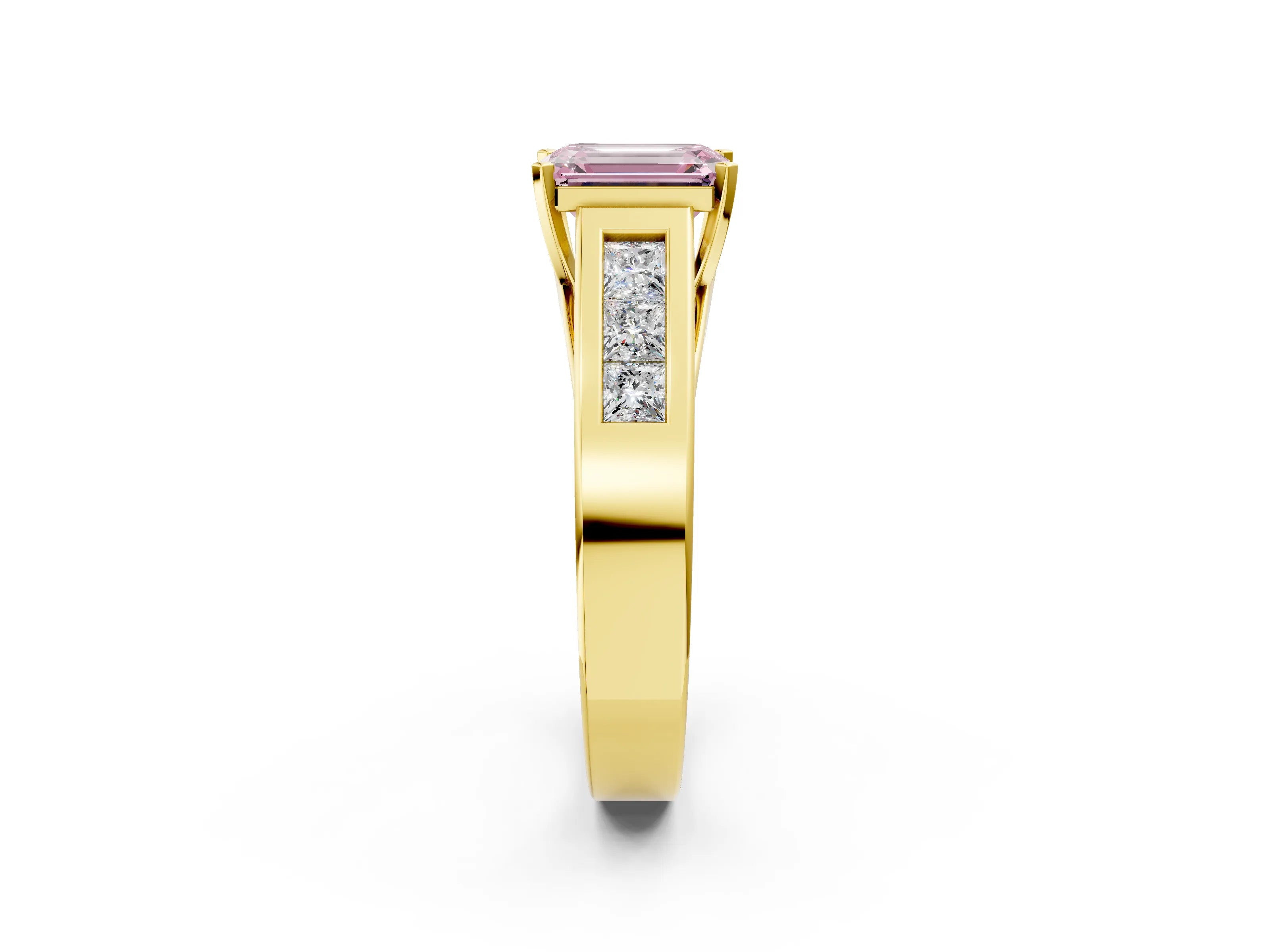 Yellow gold Fancy Pink Emerald Cut Cut Channel Set Solitaire Ring with Four-Prong Setting_2