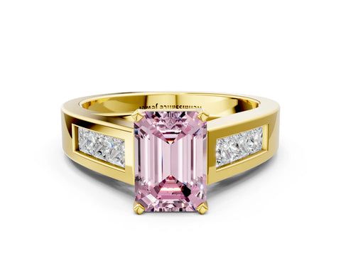 Yellow gold Fancy Pink Emerald Cut Cut Channel Set Solitaire Ring with Four-Prong Setting