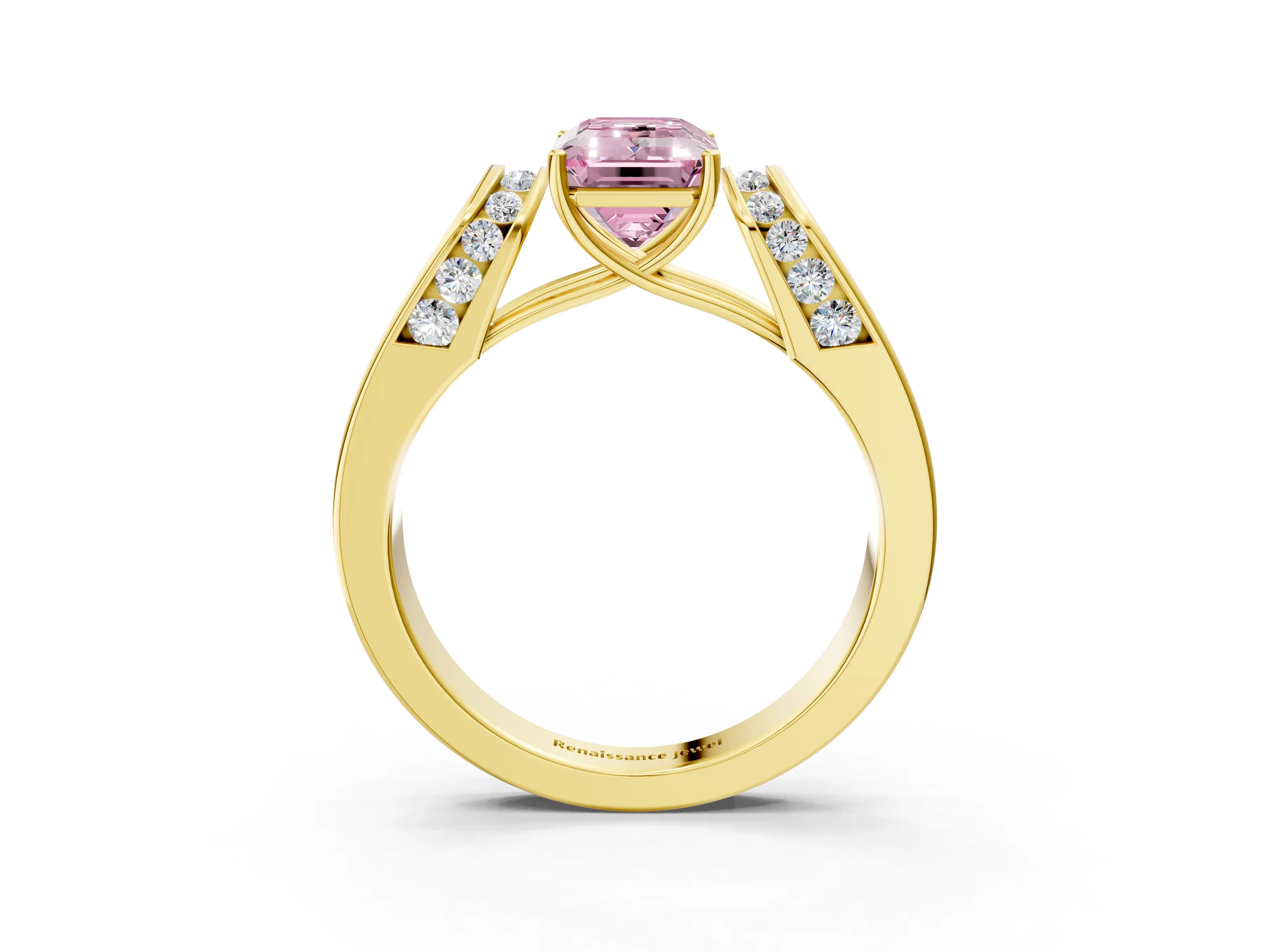 Yellow gold Fancy Pink Emerald Cut Cut Diamond Channel Set Solitaire Ring with Four-Prong Setting_3