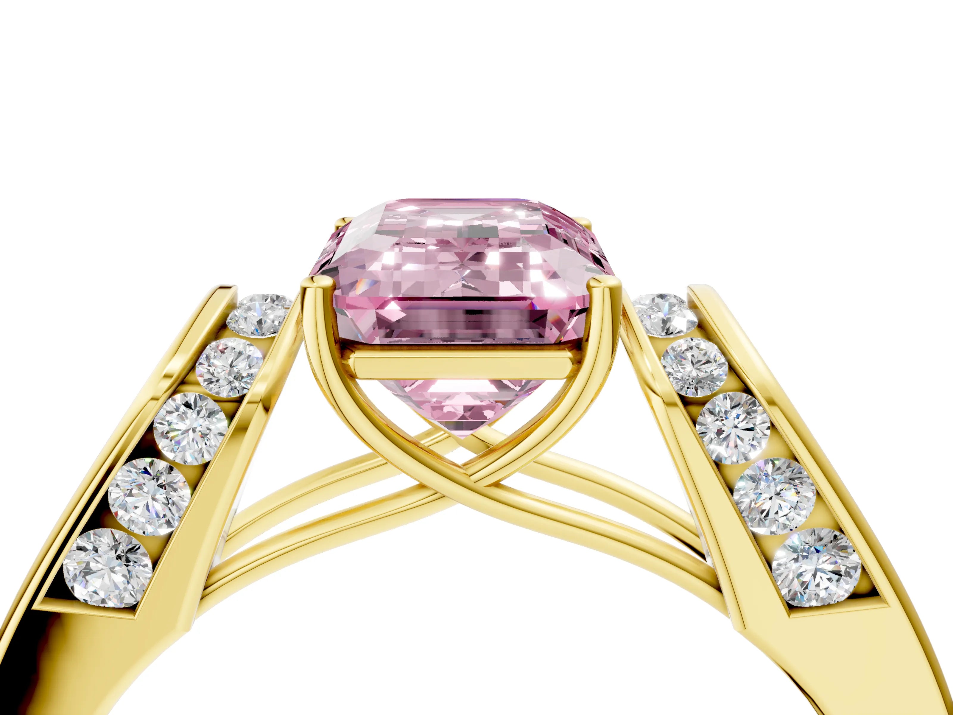 Yellow gold Fancy Pink Emerald Cut Cut Diamond Channel Set Solitaire Ring with Four-Prong Setting_4