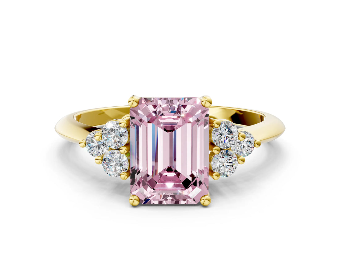 Yellow gold Fancy Pink Emerald Cut Cut Diamond Cluster Ring with Solitaire Band and Four-Prong Setting