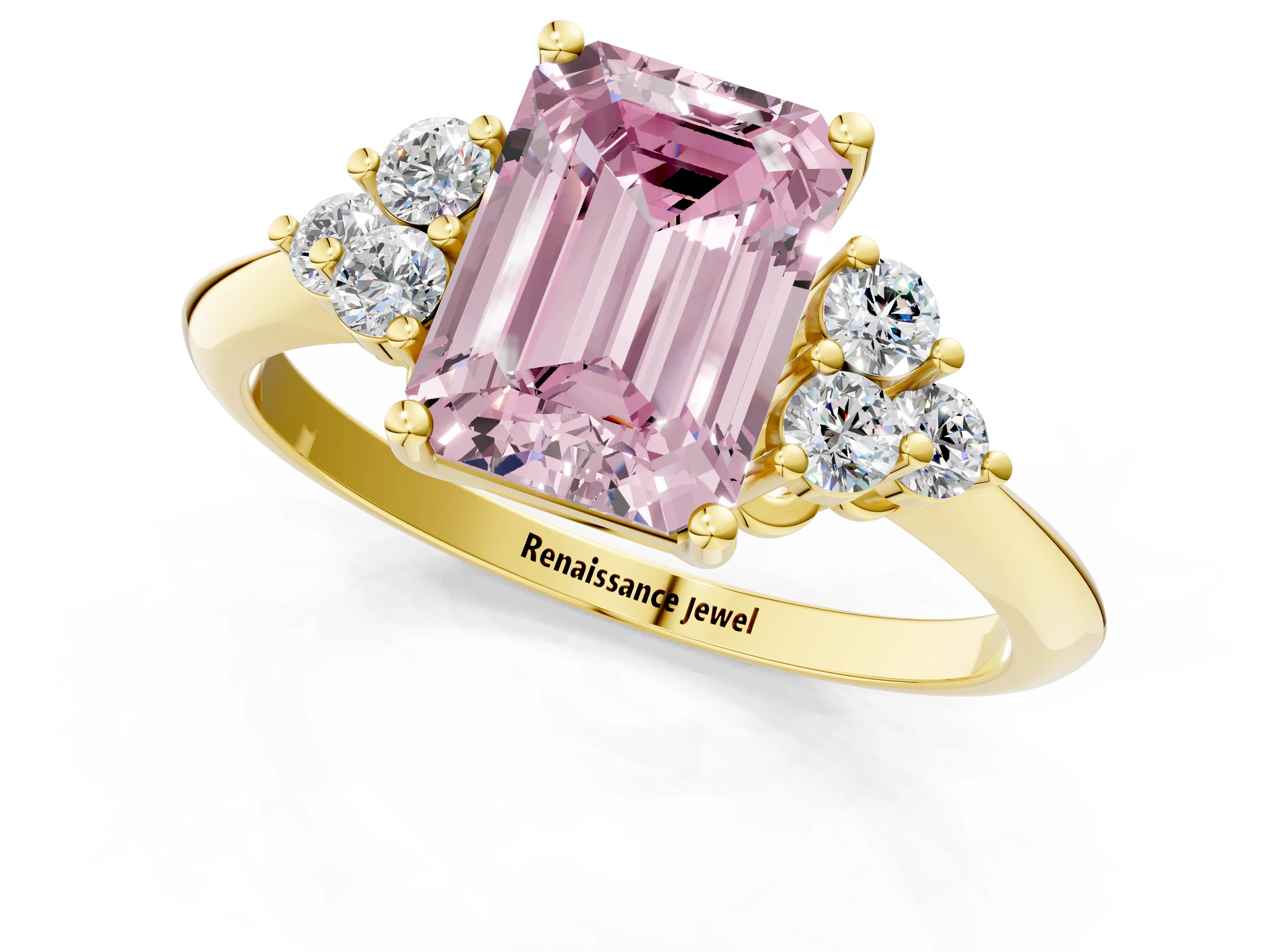 Yellow gold Fancy Pink Emerald Cut Cut Diamond Cluster Ring with Solitaire Band and Four-Prong Setting_1