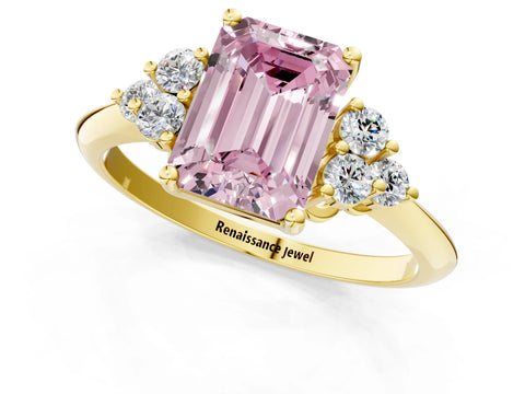 Yellow gold Fancy Pink Emerald Cut Cut Diamond Cluster Ring with Solitaire Band and Four-Prong Setting_1