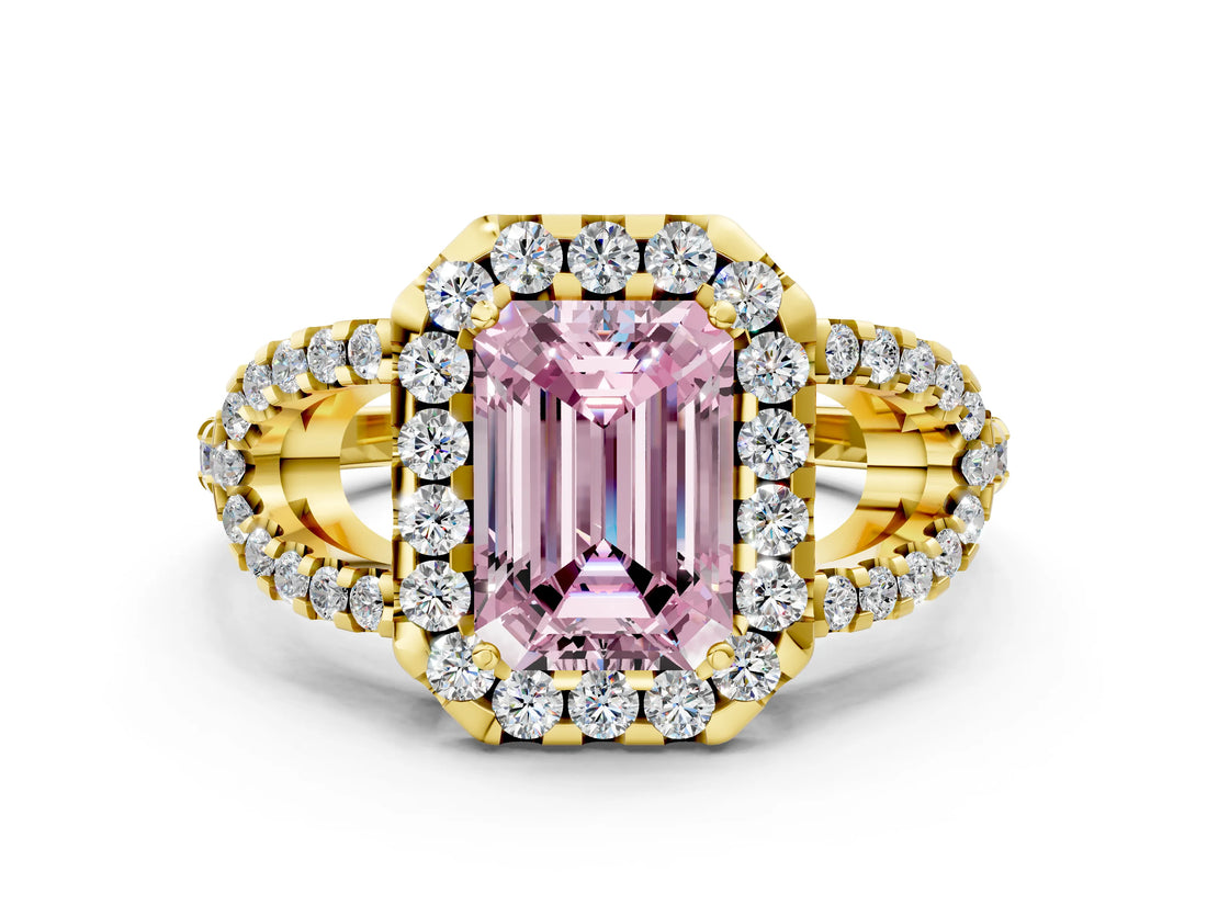 Yellow gold Fancy Pink Emerald Cut Cut Diamond Halo Engagement Ring with Open Split Pavé Band