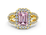 Yellow gold Fancy Pink Emerald Cut Cut Diamond Halo Engagement Ring with Open Split Pavé Band