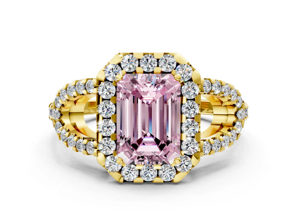 Yellow Gold Emerald Cut Split Shank Pave Halo Engagement Ring Setting for Fancy Pink Center