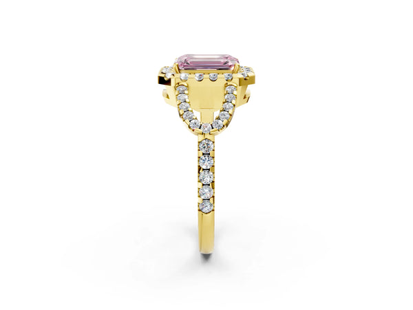 Yellow Gold Emerald Cut Split Shank Pave Halo Engagement Ring Setting for Fancy Pink Center