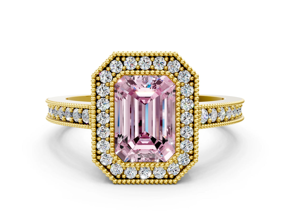 Yellow gold Fancy Pink Emerald Cut-Cut Diamond Halo Engagement Ring with Pave Band and Prong Setting