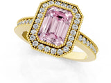 Yellow gold Fancy Pink Emerald Cut-Cut Diamond Halo Engagement Ring with Pave Band and Prong Setting_1