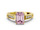 Yellow gold Fancy Pink Emerald Cut Cut Diamond Milgrain Pave Band Four-Prong Setting Ring_3