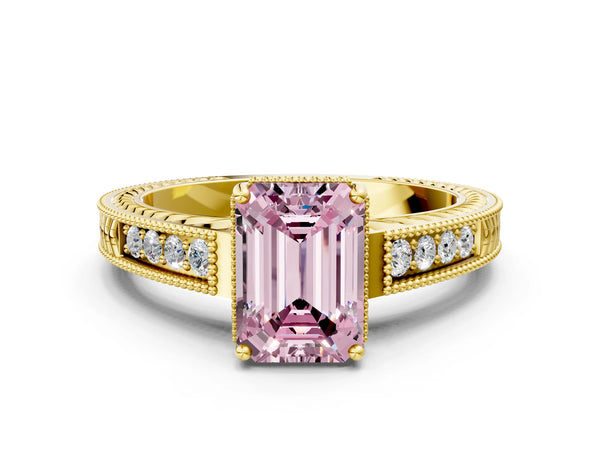 Yellow gold Fancy Pink Emerald Cut Cut Diamond Milgrain Pave Band Four-Prong Setting Ring