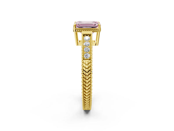 Yellow gold Fancy Pink Emerald Cut Cut Diamond Milgrain Pave Band Four-Prong Setting Ring