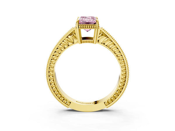 Yellow gold Fancy Pink Emerald Cut Cut Diamond Milgrain Pave Band Four-Prong Setting Ring