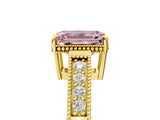 Yellow gold Fancy Pink Emerald Cut Cut Diamond Milgrain Pave Band Four-Prong Setting Ring_8