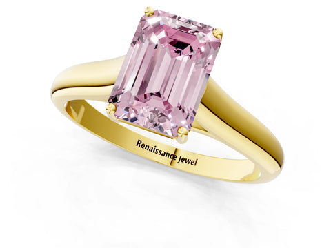 Yellow gold Fancy Pink Emerald Cut Cut Diamond Solitaire Engagement Ring with Tapered Plain Band and Four-Prong Setting_1