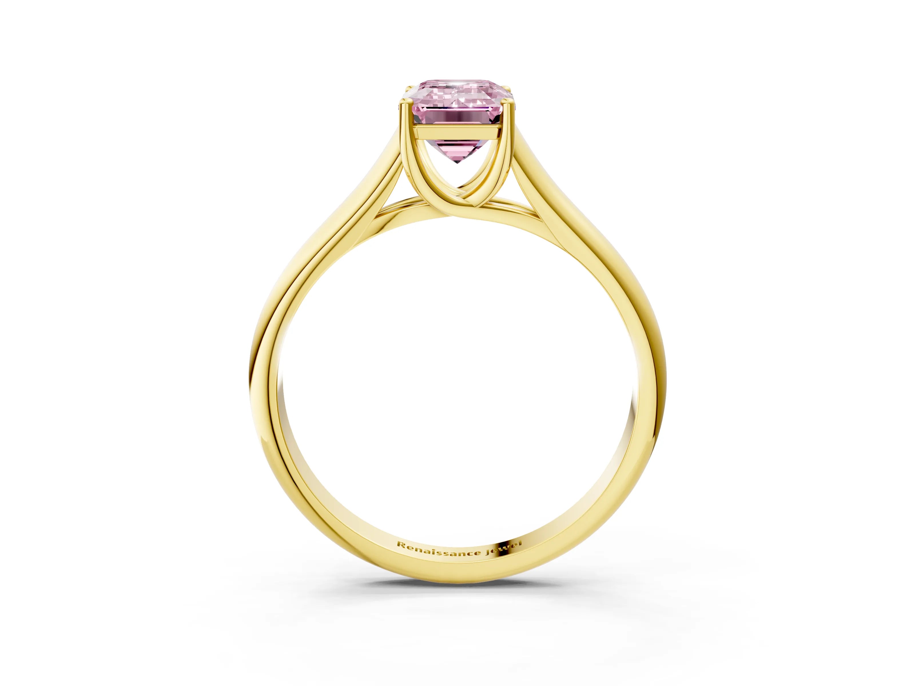 Yellow gold Fancy Pink Emerald Cut Cut Diamond Solitaire Engagement Ring with Tapered Plain Band and Four-Prong Setting_3