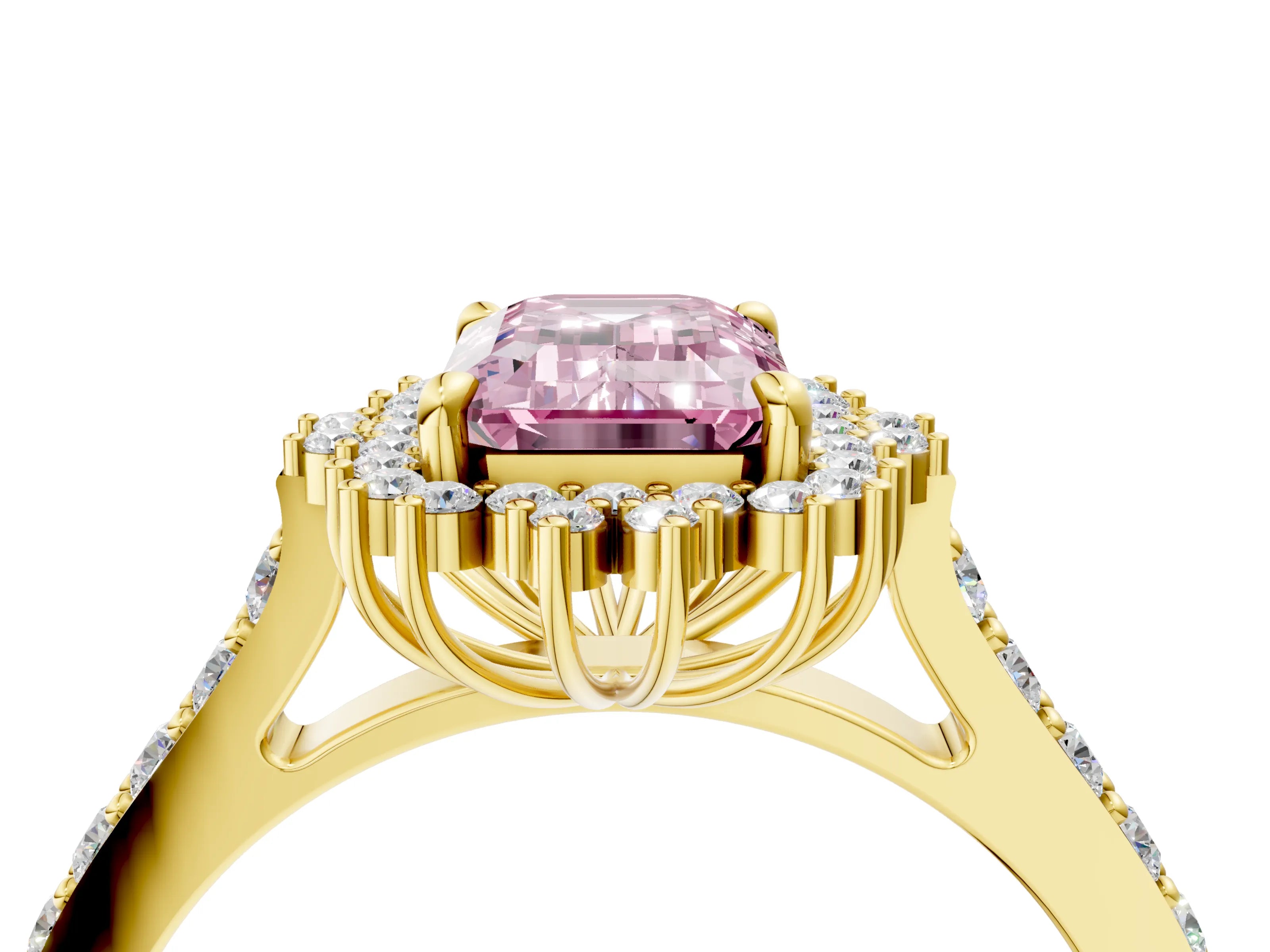 Yellow gold Fancy Pink Emerald Cut Cut Diamond Sunburst Halo Engagement Ring with Pavé Band_12