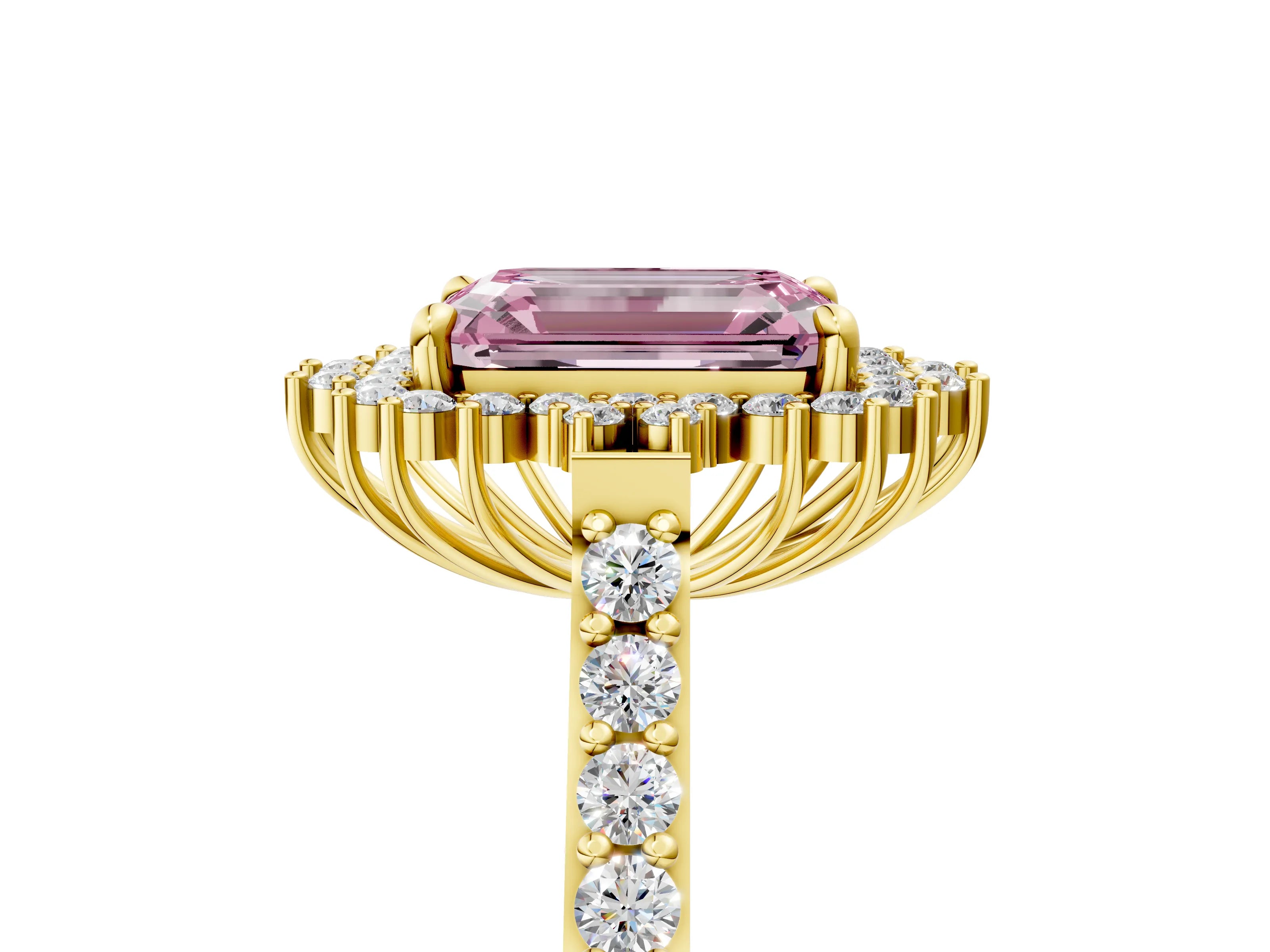 Yellow gold Fancy Pink Emerald Cut Cut Diamond Sunburst Halo Engagement Ring with Pavé Band_13
