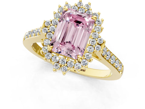 Yellow gold Fancy Pink Emerald Cut Cut Diamond Sunburst Halo Engagement Ring with Pavé Band_1