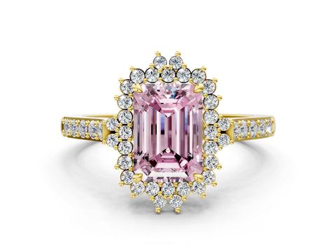 Yellow gold Fancy Pink Emerald Cut Cut Diamond Sunburst Halo Engagement Ring with Pavé Band_20
