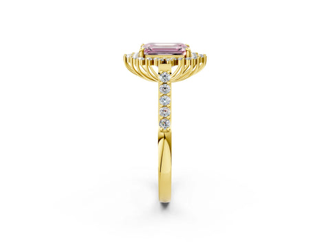Yellow gold Fancy Pink Emerald Cut Cut Diamond Sunburst Halo Engagement Ring with Pavé Band_2