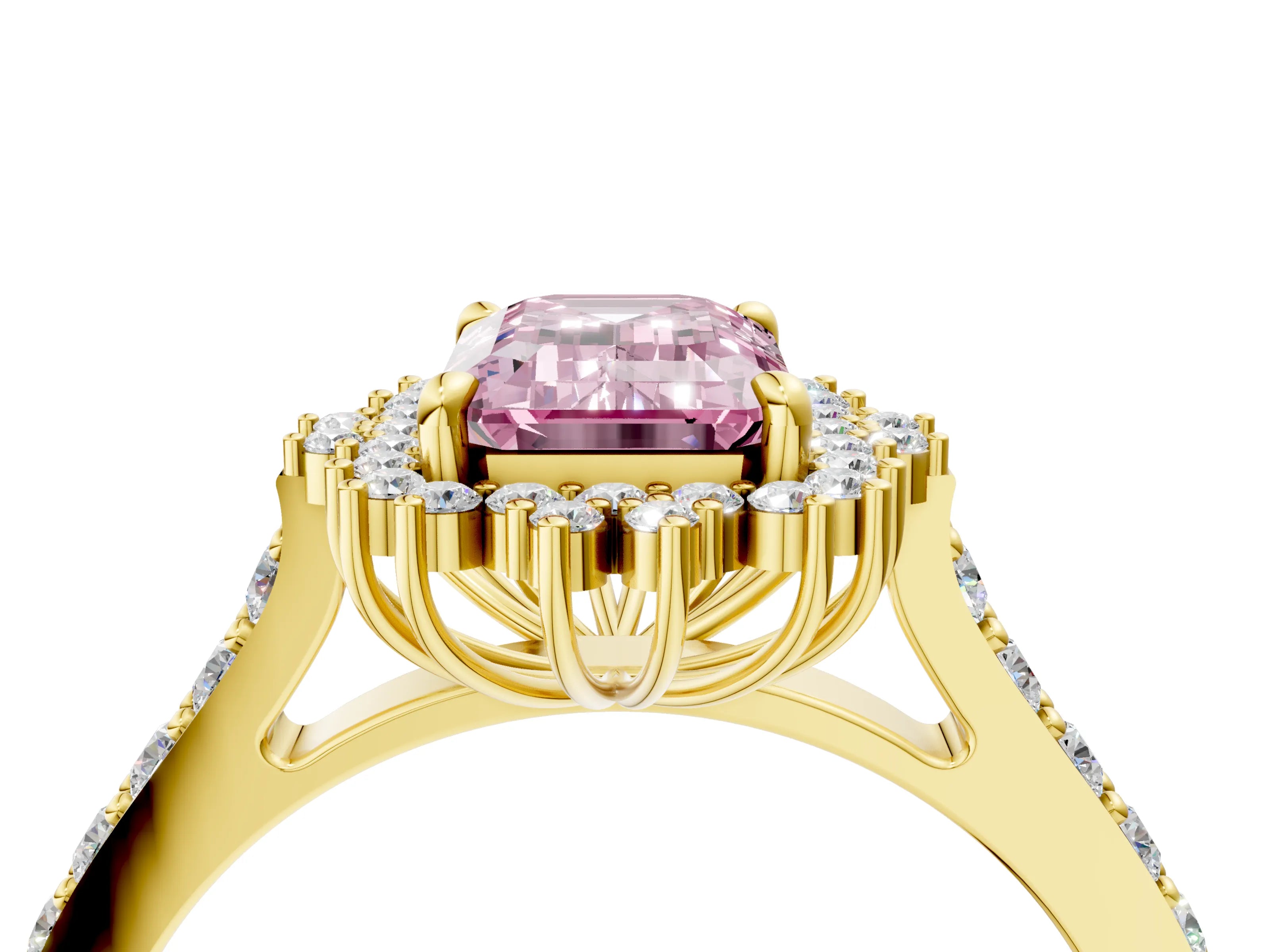 Yellow gold Fancy Pink Emerald Cut Cut Diamond Sunburst Halo Engagement Ring with Pavé Band_4