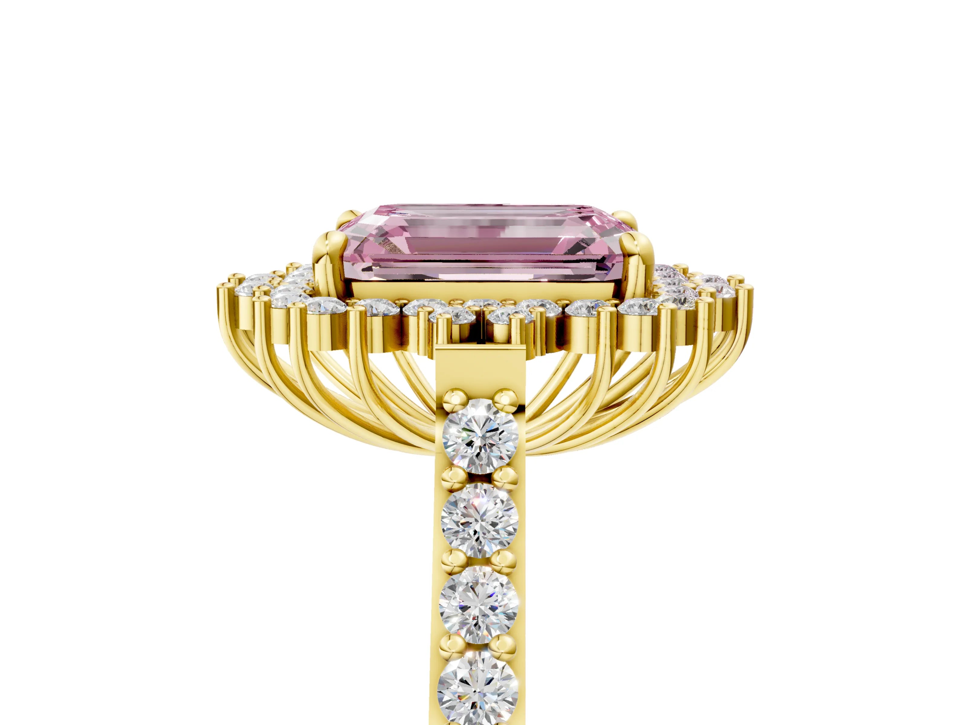 Yellow gold Fancy Pink Emerald Cut Cut Diamond Sunburst Halo Engagement Ring with Pavé Band_5