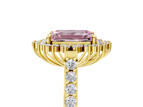 Yellow gold Fancy Pink Emerald Cut Cut Diamond Sunburst Halo Engagement Ring with Pavé Band_5