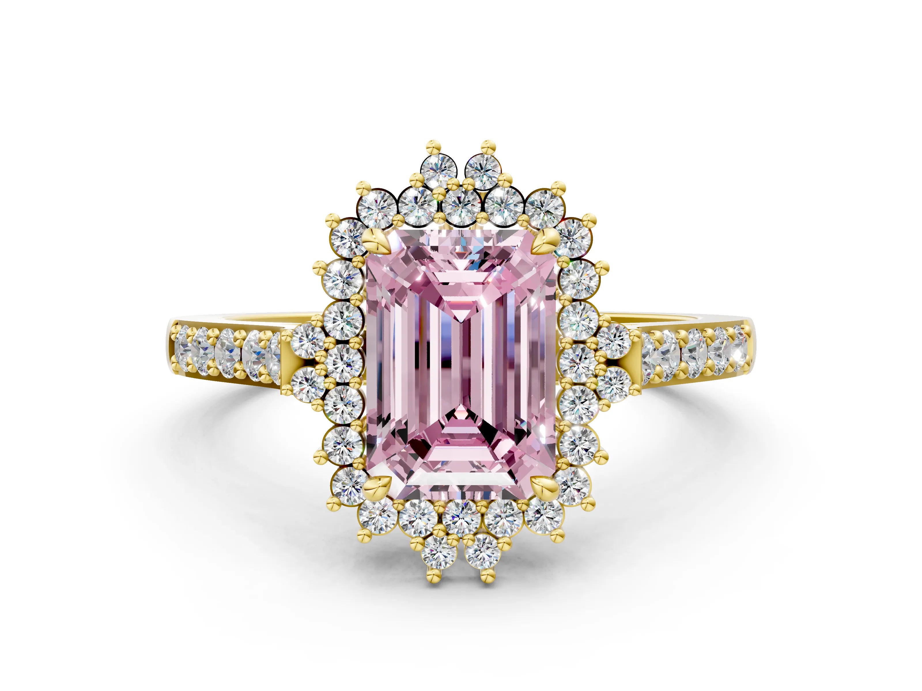 Yellow gold Fancy Pink Emerald Cut Cut Diamond Sunburst Halo Engagement Ring with Pavé Band_8
