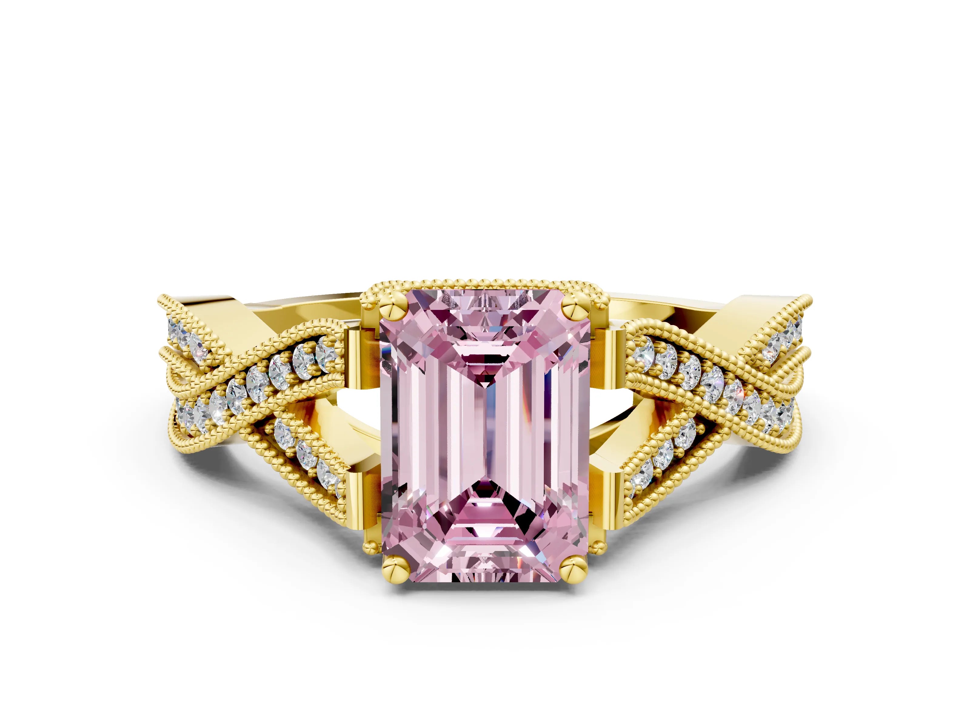 Yellow gold Fancy Pink Emerald Cut Cut Diamond Twisted Band with Milgrain Pave Setting and Four-Prong Setting