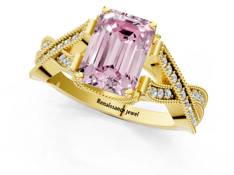 Yellow gold Fancy Pink Emerald Cut Cut Diamond Twisted Band with Milgrain Pave Setting and Four-Prong Setting_1
