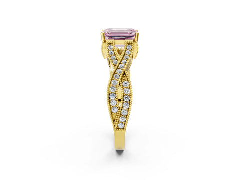 Yellow gold Fancy Pink Emerald Cut Cut Diamond Twisted Band with Milgrain Pave Setting and Four-Prong Setting_2