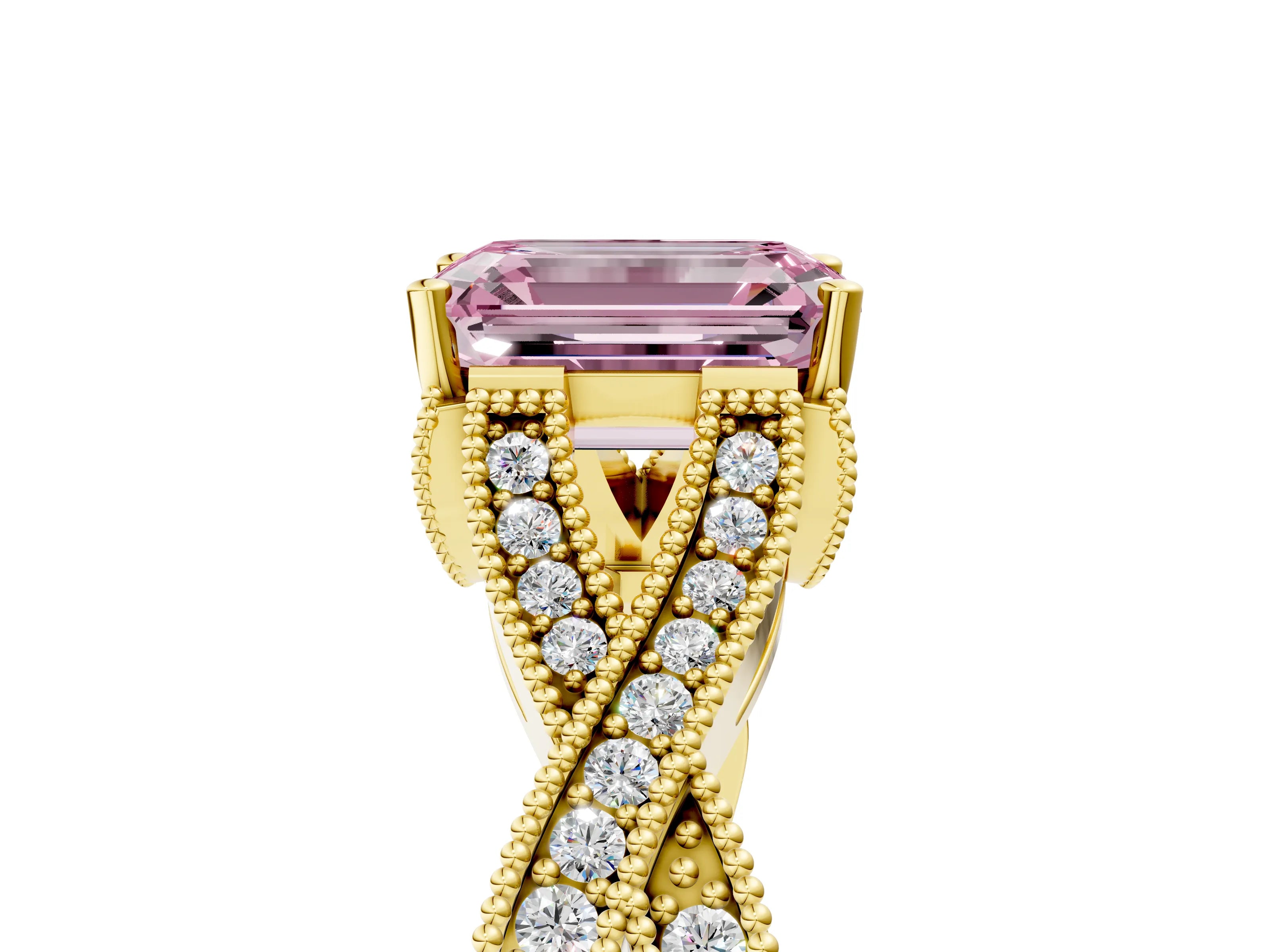 Yellow gold Fancy Pink Emerald Cut Cut Diamond Twisted Band with Milgrain Pave Setting and Four-Prong Setting_5