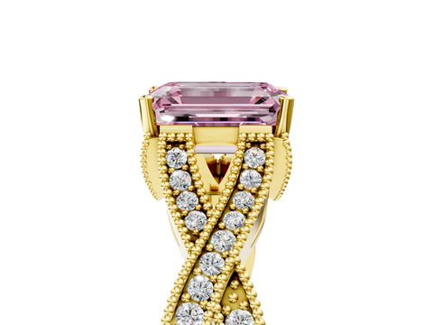 Yellow gold Fancy Pink Emerald Cut Cut Diamond Twisted Band with Milgrain Pave Setting and Four-Prong Setting_5