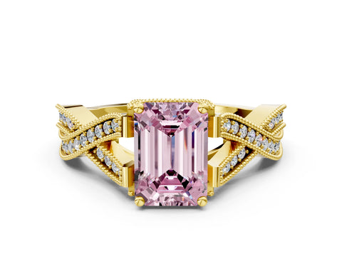 Yellow gold Fancy Pink Emerald Cut Cut Diamond Twisted Band with Milgrain Pave Setting and Four-Prong Setting