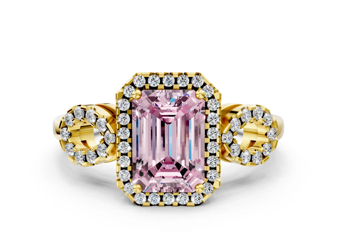 Yellow gold Fancy Pink Emerald Cut Cut Halo Diamond Infinity Band with Four-Prong Setting
