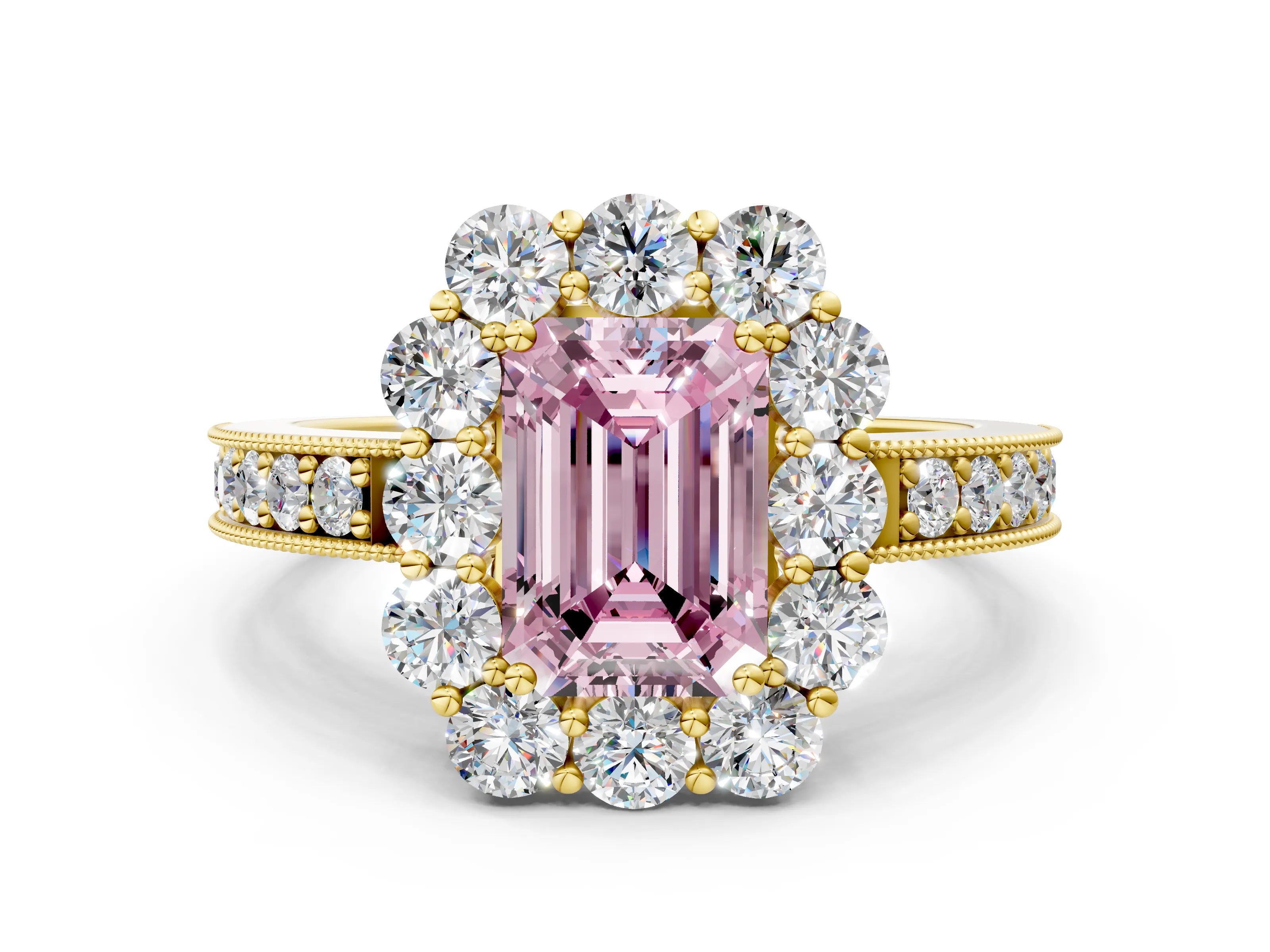 Yellow gold Fancy Pink Emerald Cut Cut Halo Diamond Pavé Engagement Ring with Milgrain Detailing