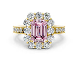 Yellow gold Fancy Pink Emerald Cut Cut Halo Diamond Pavé Engagement Ring with Milgrain Detailing