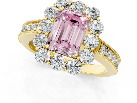 Yellow gold Fancy Pink Emerald Cut Cut Halo Diamond Pavé Engagement Ring with Milgrain Detailing_1