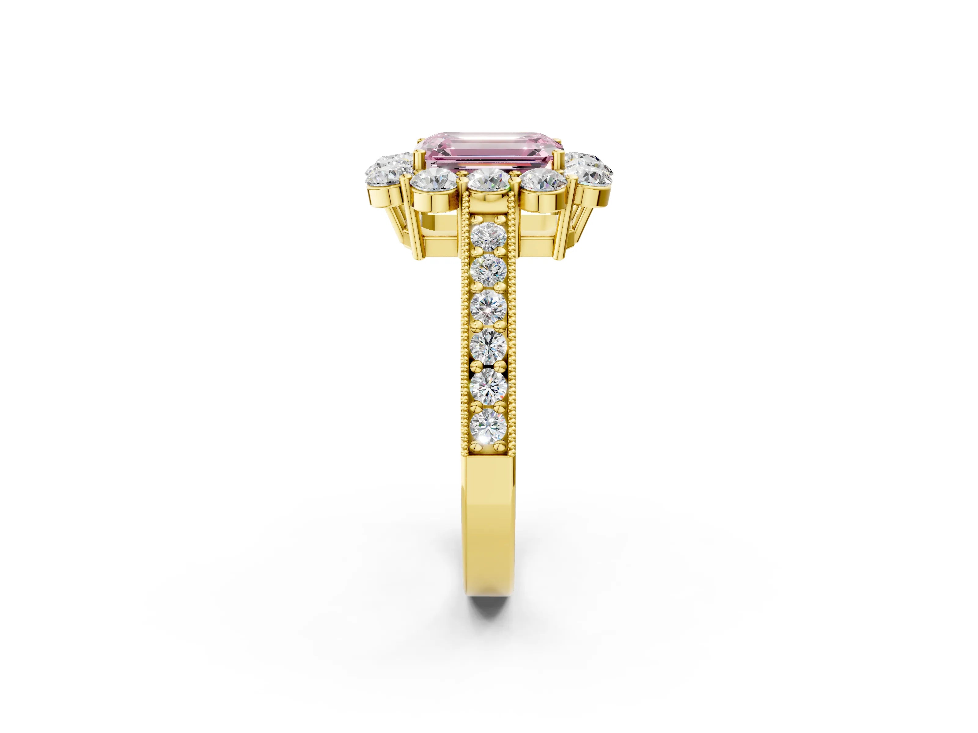Yellow gold Fancy Pink Emerald Cut Cut Halo Diamond Pavé Engagement Ring with Milgrain Detailing_2