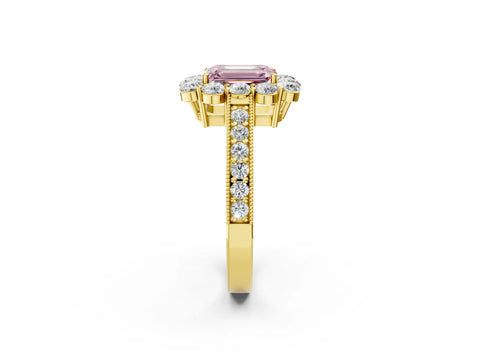 Yellow gold Fancy Pink Emerald Cut Cut Halo Diamond Pavé Engagement Ring with Milgrain Detailing_2