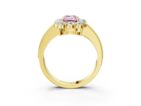 Yellow gold Fancy Pink Emerald Cut Cut Halo Diamond Pavé Engagement Ring with Milgrain Detailing_3