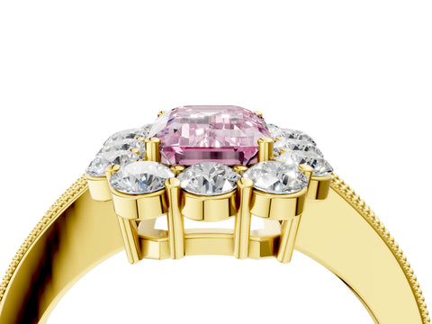 Yellow gold Fancy Pink Emerald Cut Cut Halo Diamond Pavé Engagement Ring with Milgrain Detailing_4