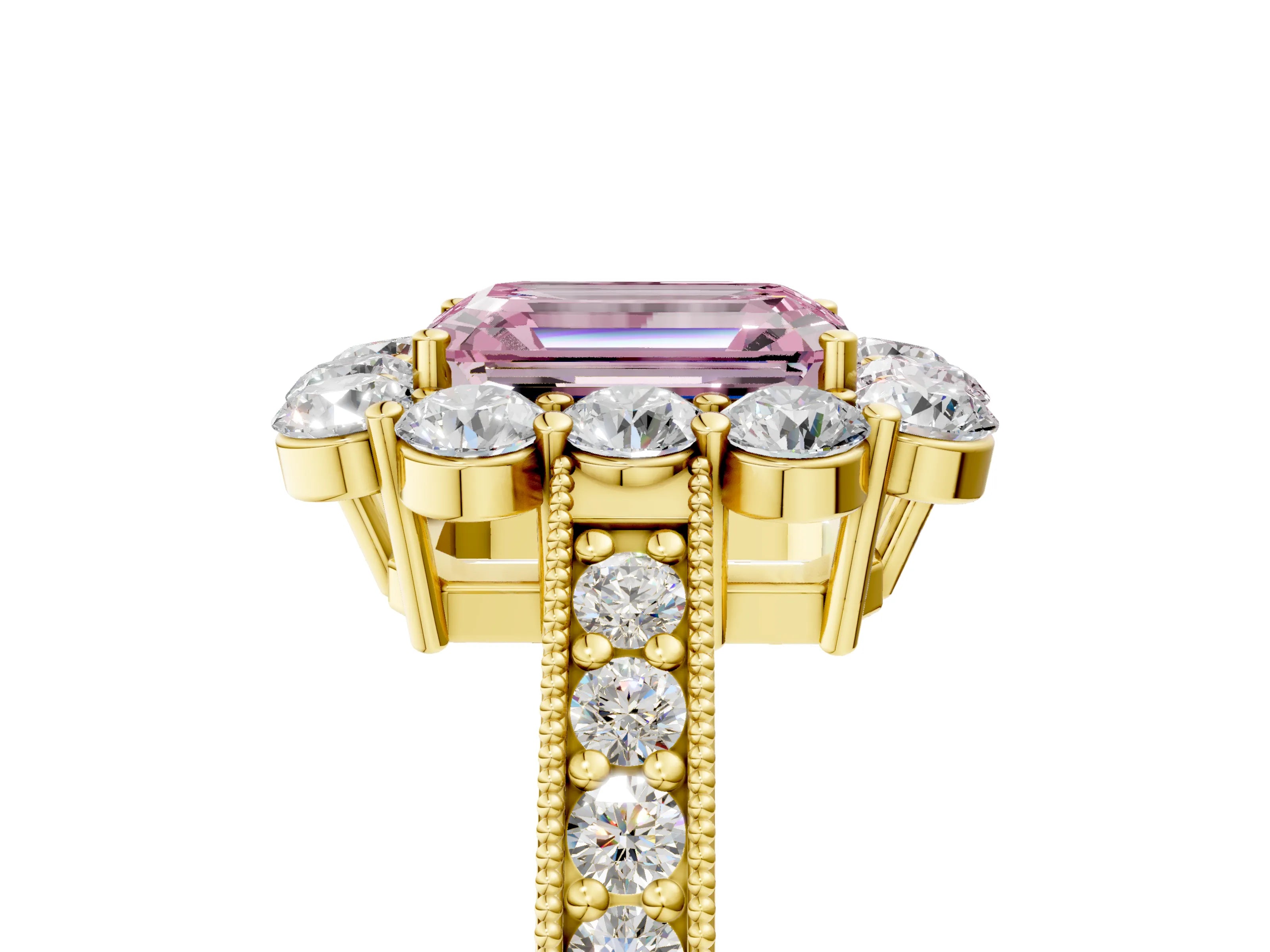 Yellow gold Fancy Pink Emerald Cut Cut Halo Diamond Pavé Engagement Ring with Milgrain Detailing_5