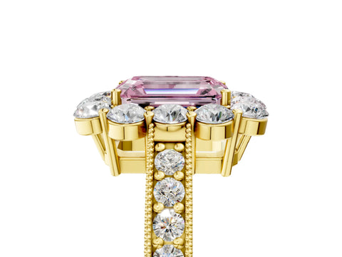 Yellow gold Fancy Pink Emerald Cut Cut Halo Diamond Pavé Engagement Ring with Milgrain Detailing_5