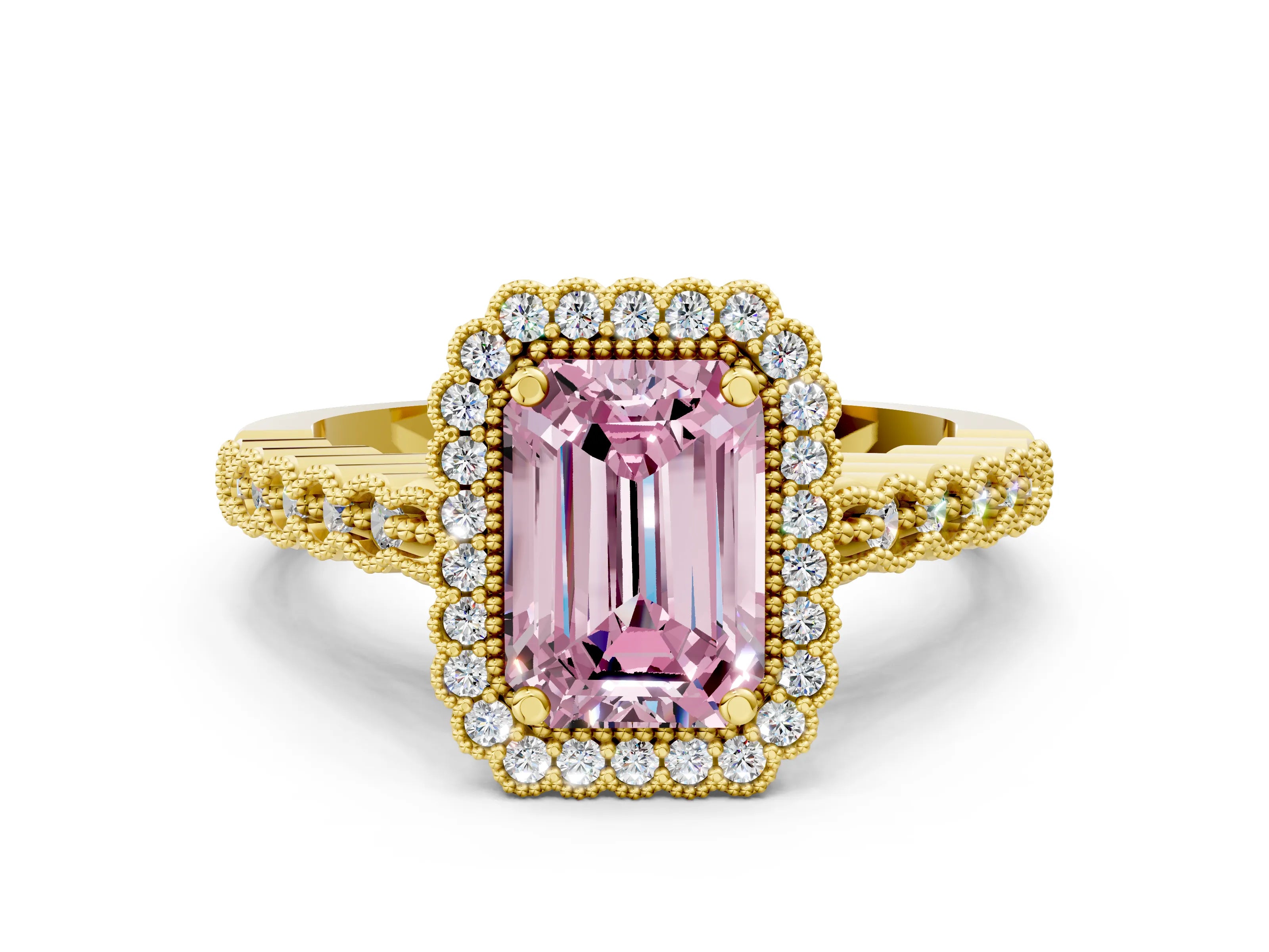 Yellow gold Fancy Pink Emerald Cut Cut Halo Pavé Solitaire Ring with Milgrain Band