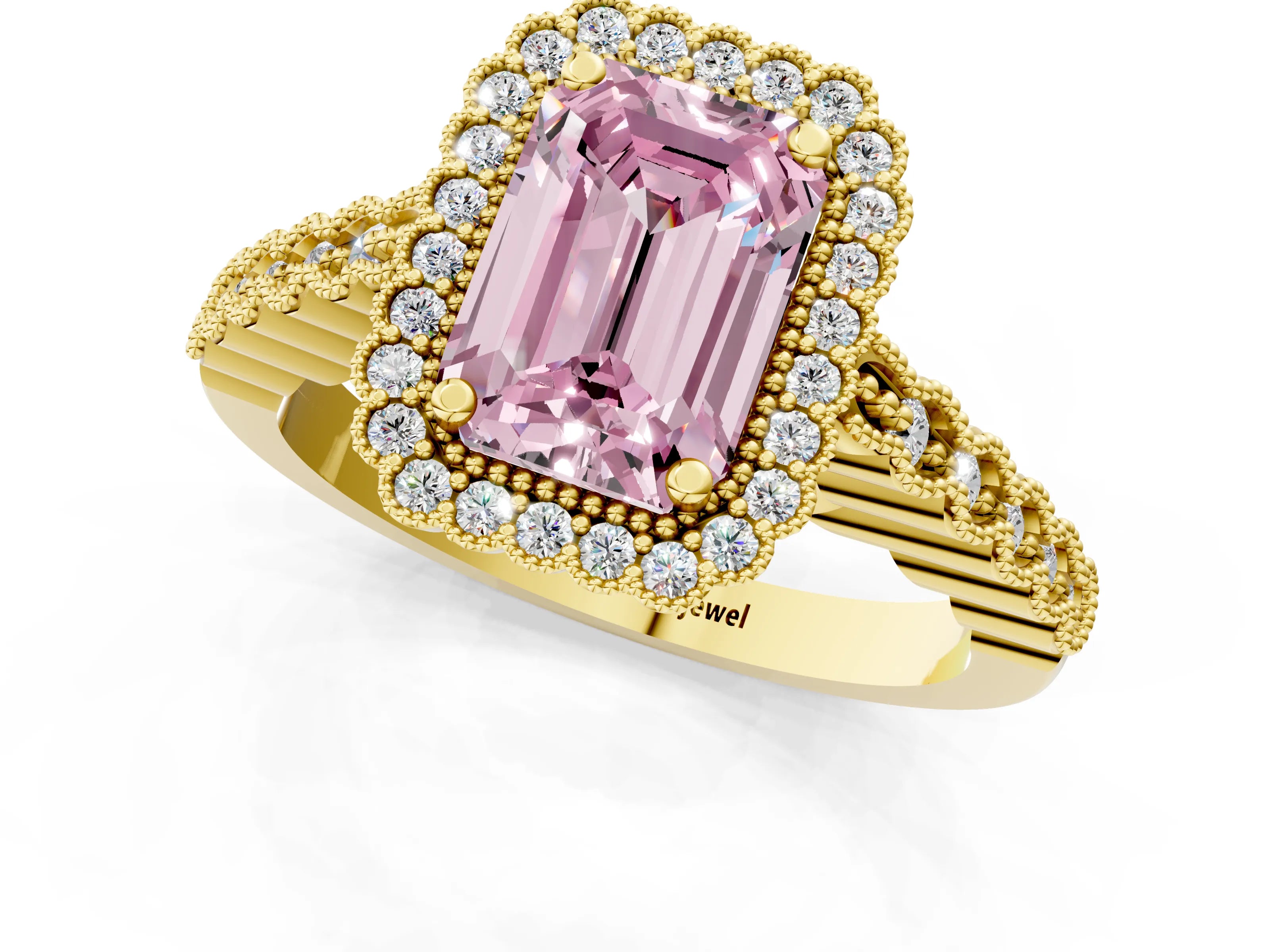 Yellow gold Fancy Pink Emerald Cut Cut Halo Pavé Solitaire Ring with Milgrain Band_1
