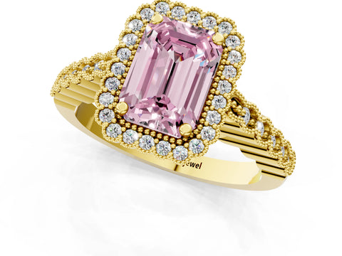 Yellow gold Fancy Pink Emerald Cut Cut Halo Pavé Solitaire Ring with Milgrain Band_1