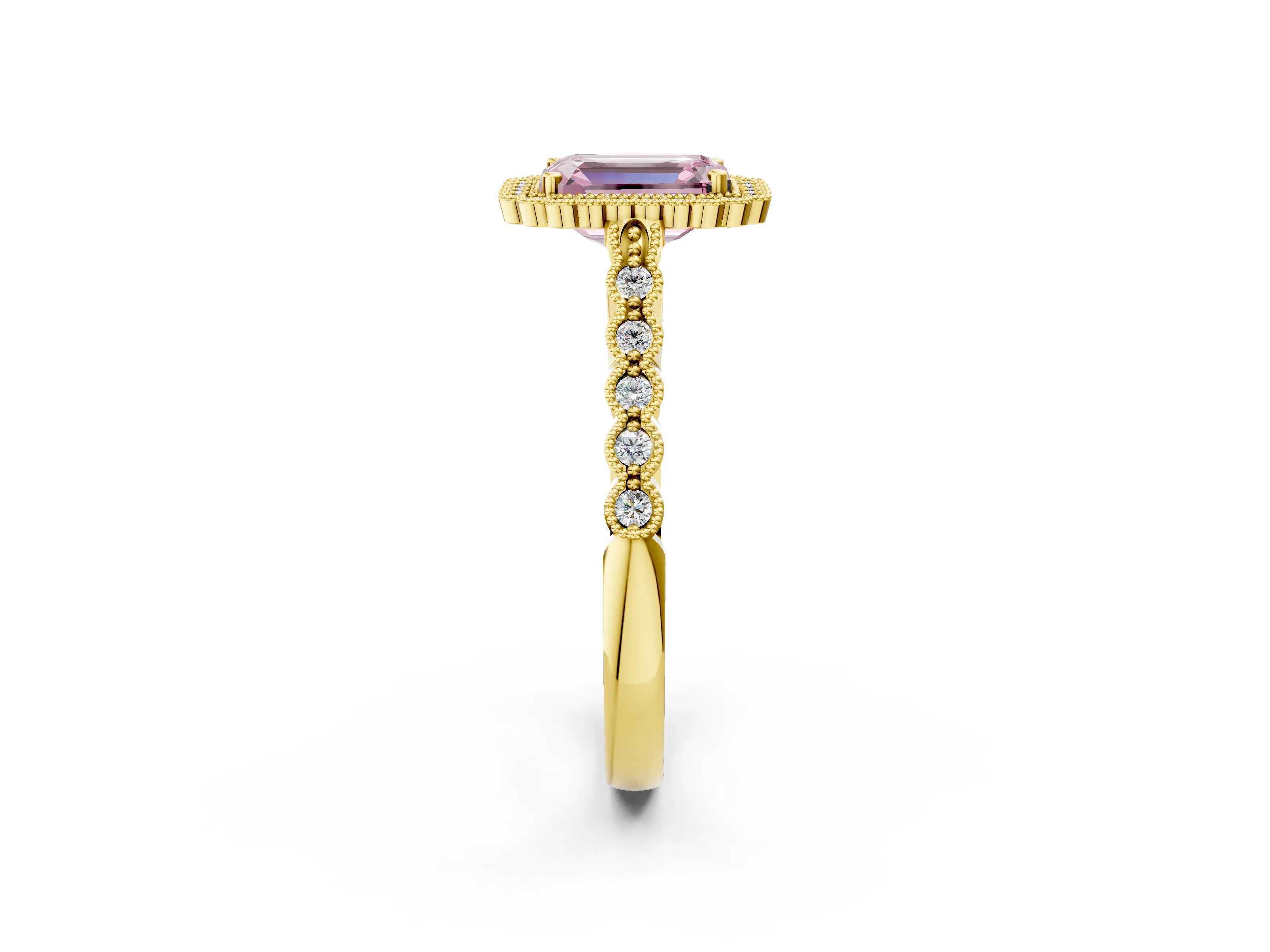 Yellow gold Fancy Pink Emerald Cut Cut Halo Pavé Solitaire Ring with Milgrain Band_2